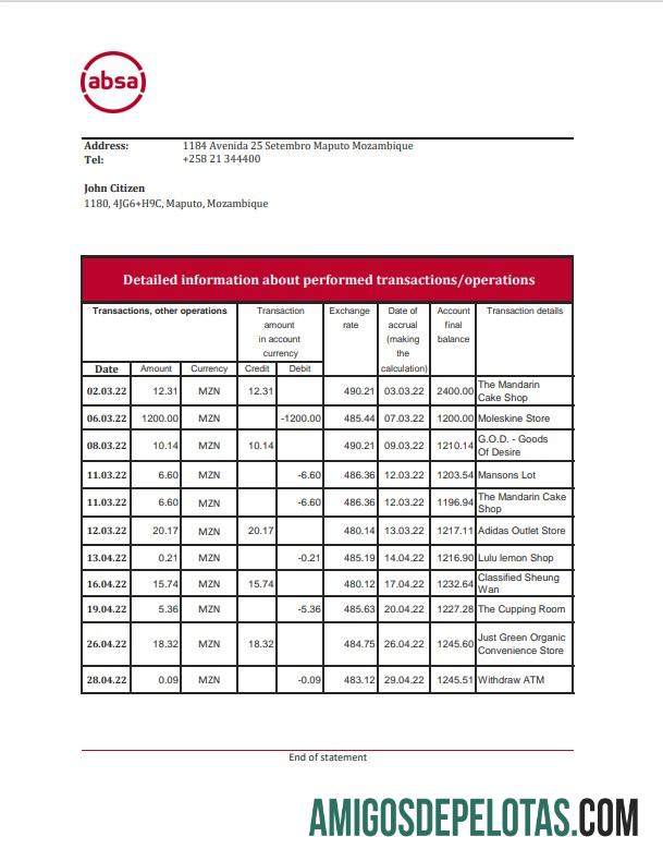 Extrato bancário ABSA de Moçambique para impressão em Excel e modelo PDF